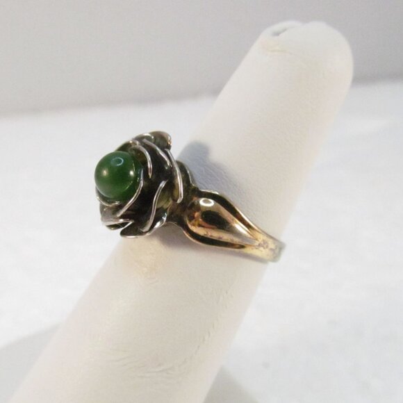 Gold Plated Sterling Silver Jade Floral Ring Signed JP Size 5.5 - Picture 6 of 15